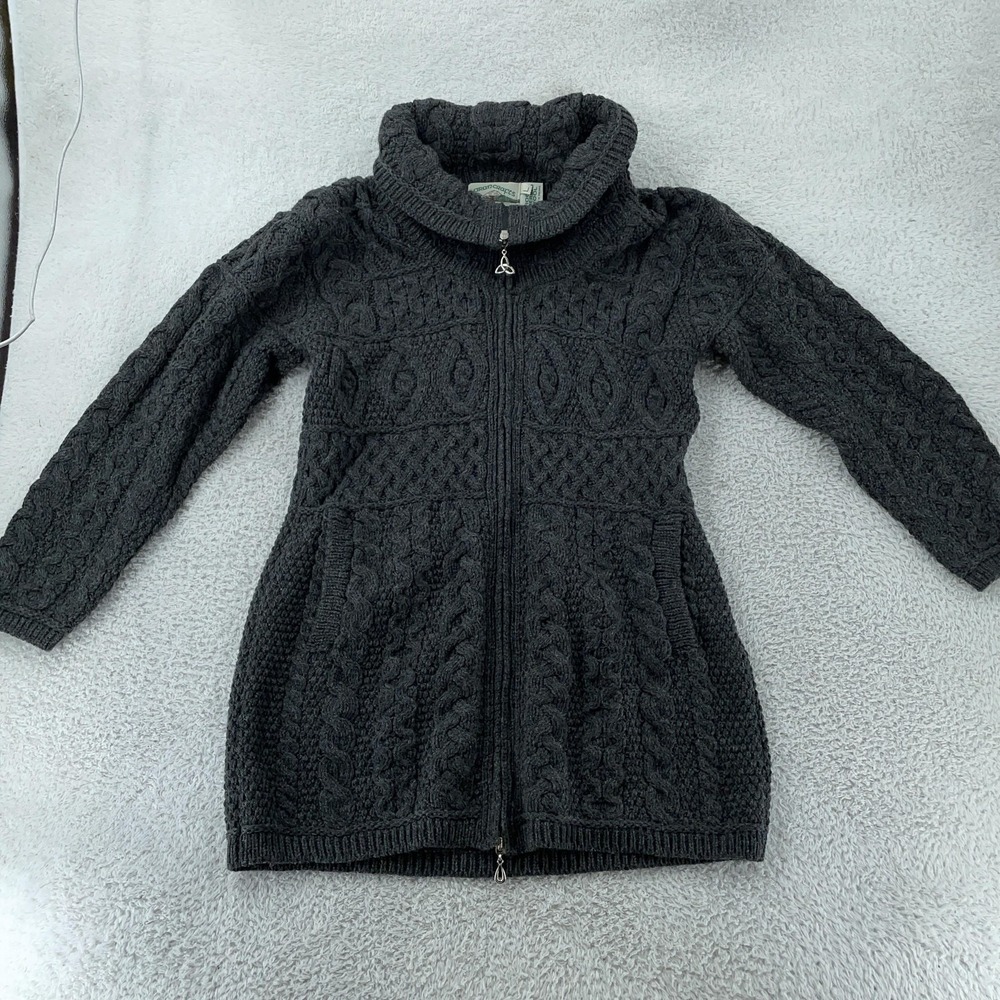 Aran Crafts Zip Cardigan Sweater Womens‎ L Merino Wool Knit Ireland Cowl Neck